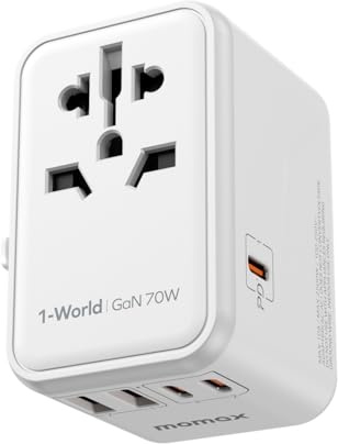 MOMAX Universal Travel Adapter,70W GaN Travel Plug Adapter with UK/EU/AU/US Plugs, 3USB-C PD & 2USB-A QC International Adapter Charger, White Gray