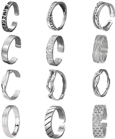12Pcs Mens Rings Silver Set, Adjustable Rings for Men Silver Rings Men
