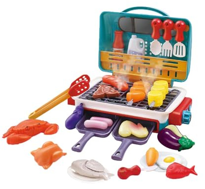 Luwecf Kids BBQ Grill Set de Cocina para Niños con Alimentos Que Cambian de Color Utensilios Sonido Y Luz Juguete Educativo para Cocinar Adecuado para Juego, Azul