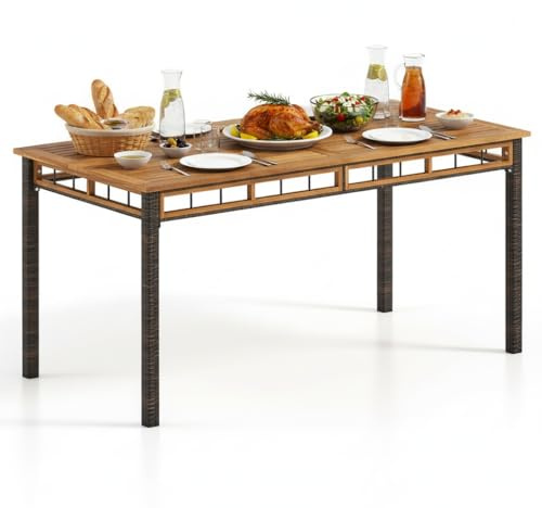 Tangkula 63-Inch Outdoor Dining Table for 6, Rectangular PE Rattan Patio Table with Acacia Wood Slatted Tabletop, 1.97 Umbrella Hole & Metal Frame, Outside Dining Furniture for Backyard, Garden, Deck