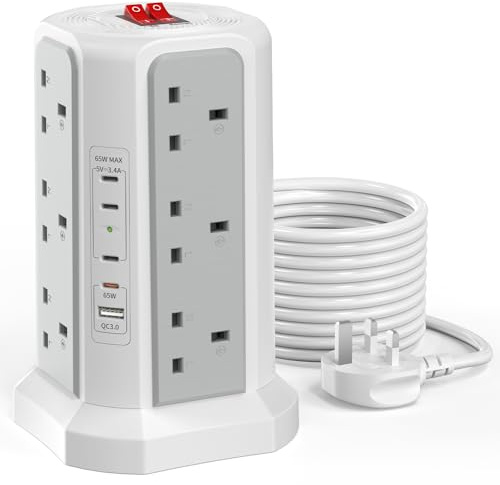 HAFINO Tower Extension Lead 3M with PD 65W USB C Fast Charger and USB Slots | 12 Way Surge Protected Extension Lead Tower with 5 USB Slots (4C1A), Extension Cable for Home, Office, Grey and White