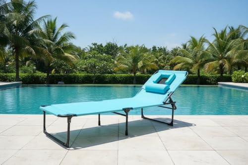 MilleLoom Tanning Chair with Face Hole Folding Beach Lounge Chair,5-Position Adjustable Backrest, Pillow & Side Pocket,Portable Face Down Chaise Lounge for Outdoor Backyard Poolside,Beach, Patio,Blue