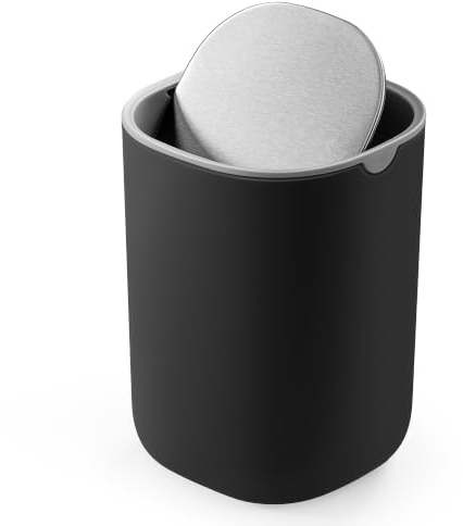 SONGMICS Tischmülleimer mit Deckel, Schwingdeckel aus Edelstahl, 1,5 L | Mini Mülleimer, Kosmetikeimer, Tischabfalleimer, für Bad, Schreibtisch, Schlafzimmer, Schwarz, PARRI Kollektion LTB150B101