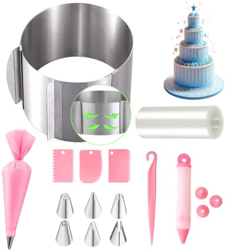 Adjustable Cake Ring, High 20cm, Cake Mould with Decorating Kit & Cake Collar | Adjustable from 16-30cm, 304 Stainless Steel Pastry Ring for Home Bakers Baking Mousse Layer Cakes