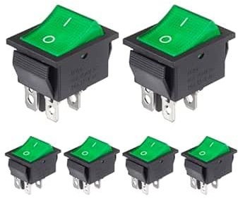Lot de 6 Interrupteurs Bascule 4 Broches ON/OFF DPST 16A 250V Avec Lumière | 2 Positions, Pour Tableau, Voyant LED, Vis Incluses, Noir, Six Unités, Universel, Remplacement, Sécurisé, Pratique, Boîtier