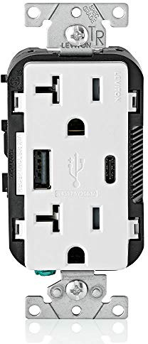 Leviton Type A & Type-C USB In-Wall Charger with 20A Tamper-Resistant Outlet, USB Charger for Smartphones and Tablets. Not for Laptops, T5633-W, White