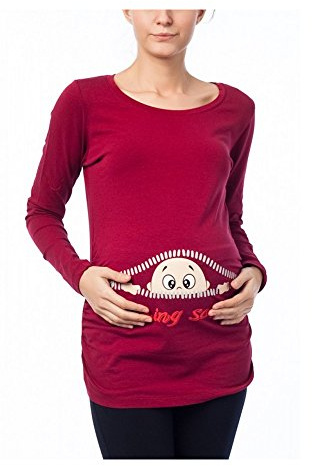 M.C. Coming Soon – rolig rolig söt mammamode, mammaskjorta, tröja, graviditetströja med motiv för graviditet, långärmad, Vinröd, S