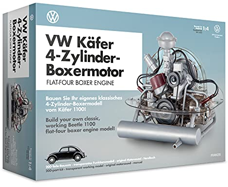 FRANZIS 67038 – Volkswagen VW Käfer Boxermotor, originalgetreuer Motorbausatz des 4-Zylinder Käfer 1100 Motors im Maßstab 1:4, inkl. Soundmodul, Anleitung und 100-seitigem Begleitbuch