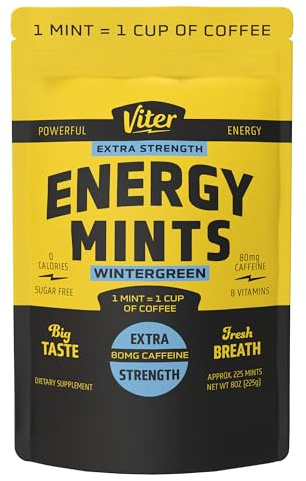 Viter Energy Extra Strength Caffeinated Mints 80mg Caffeine, B Vitamins, Sugar Free. (Wintergreen, 8oz, Bulk Bag)