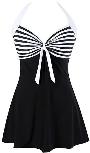 Sixyotie Damen Einteiler Badekleid Blumen Muster Gepolstert Badeanzug mit Shorts Große Größen Bademode (Whiteblack, 3XL)