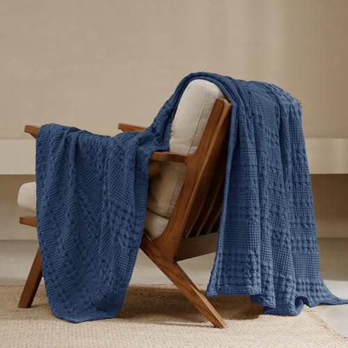 PHF 100% Cotton Waffle Weave Throw Blanket, Soft Lightweight Breathable Cozy Throws for Couch Bed Sofa, Luxury Aesthetic Christmas Blanket Gift for Home Decor & Office, 50x60, Bright Navy
