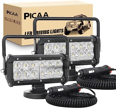 PICAA 2 PCS Luz de trabajo LED, 7 pulgadas 36W Imán portátil Flood Beam | con enchufe 12V-24V ,impermeable, Base magnética, LED Faro, para coche Tractor elevadora ATV Camión Offroad 4x4,cable de 5m
