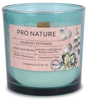 Müller Kerzen PRO NATURE Duftkerze im Glas mit Holzdocht und Rapswachs - Eukalyptus & Minze Duft - Enthält natürliche ätherische Öle und Rapsöl - 40 Stunden Brenndauer - Recyceltes Glas - 1er Pack