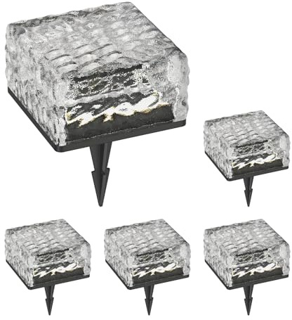 ledscom.de 5x LED Solar-Pflasterstein Bodeneinbauleuchte BROSLO mit Erdspieß für außen, Glas, 10 x 10cm, warmweiß