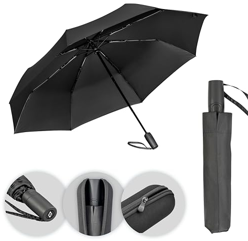 FARE® Taschenschirm BlackShield - Regenschirm im All Black Design, Auf-Zu-Automatik, Sturmfest mit Abperl-Effekt, Extra-groß für 2 Personen, Kompakt inkl. Reise-Etui