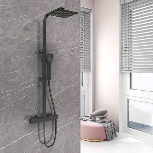 OCEAN ITALY Colonna Doccia con Soffione Acciaio Inox 20x20cm, Gruppo Doccia con Miscelatore Termostatico, Saliscendi Doccia Moderno Quadrato Regolabile 73-115cm, Nero Opaco