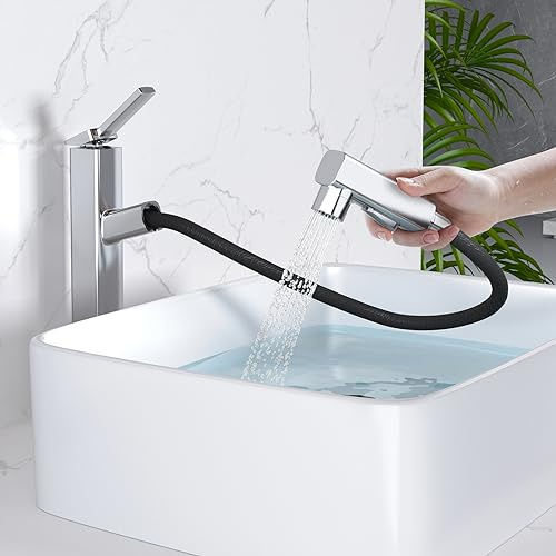 MIAOHUI Rubinetto per lavello con spruzzatore estraibile, 3 modalità di spruzzo, rubinetto alto per lavabo da bagno alto per lavello 1 foro, rubinetto moderno con maniglia singola con modalità