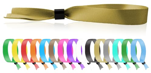 100 WristCo Gold Cloth Event Wristbands – Plastic Closure to Prevent Transfer or Reuse – Premium-Grade Fabric Bracelets for Party Entry, Summer Camp, VIP Identification, Drink Ticket ID