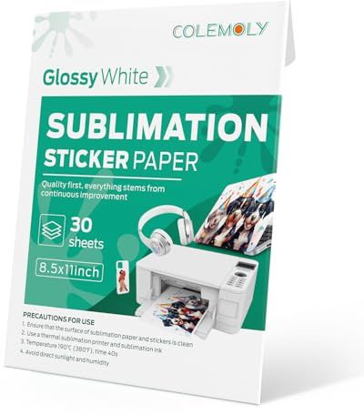 Colemoly Sublimation Sticker Paper-30 Sheets Glossy White Waterproof Stickers for Sublimation Inkjet Printer and Ink 8.5x11 Letter Heat Transfer Paper for Smooth Solid Surfaces