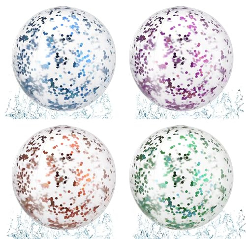 Vyuwast 4 Packs Glitter Giant Beach Balls 11.8 Inch Inflatable Beach Ball | Clear Confetti Sequin Swimming Pool Ball with Inflator for Adult Kids Outdoor Beach Swimming Summer Birthday Party