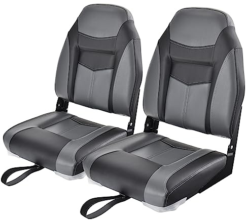GYMAX 2 Pack Boat Seats Folding High Back with Stainless Steel Screw Included, Fold-Down Boat Captain Chairs for Fishing Yachts (2-Pack,Black & Grey,High Back)