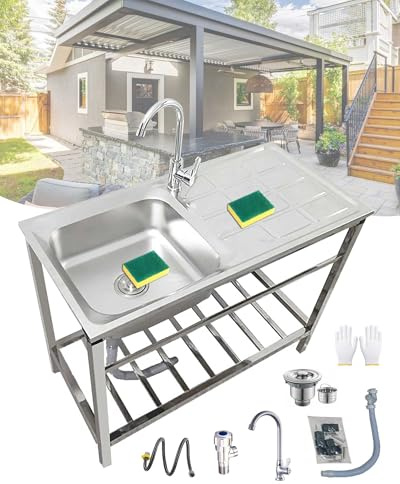 Abwaschbecken Küche Waschbecken Ausgussbecken Edelstahl Mobile Outdoor Spüle Freistehend mit Wasserhahn Gewerbliche Waschtisch für Waschküche Werkstatt Garten Garage Bauernhaus(75x40xH75cm)