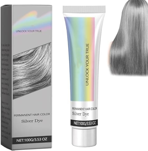 2 in 1 Natural Essence Extract Silver Hair Dye, Silver Metallic Hair Dye, Silver Gray Natural Hair Dye Cream, Fashion Silver Gray Hair Dye Permanent, for Daily & Cosplayer & Party (1Pcs, One Size)