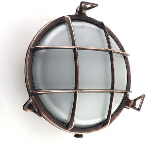 Licht-Erlebnisse Maritime Außenleuchte Wand Glas Echt-Messing Ø 24 cm rund IP64 Kupfer Antik Weiß E27 Wandlampe außen Kellerleuchte Treppenleuchte