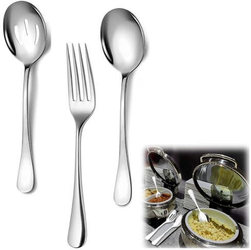 3-Piece Set Serving Spoon Set, Serving Spoons, Slot Spoons, Forks, Buffet Colander Stainless Steel Banquet Set, Large Serving Spoons for Buffet for Catering Buffet Party Kitchen Restaurant