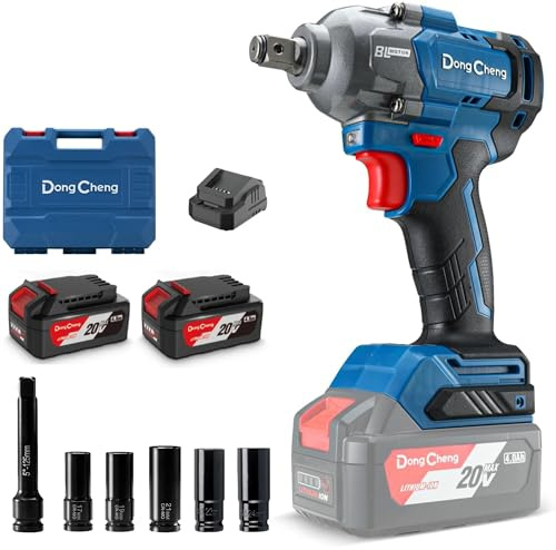 Clé à choc sans fil Dong Cheng 20V sans balais, couple élevé 698 Nm, 2200 tr/min, 4 modes, clé à choc 1/2 pouce avec boîte de rangement, inclut 2 batteries 4,0 Ah et chargeur