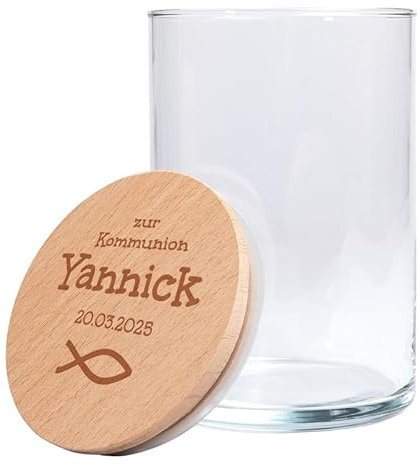 Personalisiertes Vorratsglas mit Holzdeckel | zur Kommunion (Fisch) | Kommunionsgeschenk | mit Wunschnamen und Wunschdatum graviert | Geschenkidee für das Kommunionskind