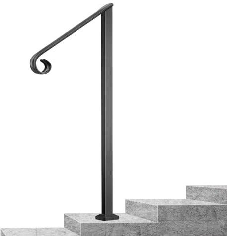 KiwiHood Black Single Post Handrail 150KG Heavy Duty Safety Railing Weatherproof Stair Handrail for 1-2 Steps Indoor/Outdoor Garden Porch Balcony Use, Pre-Drilled Holes & Full Installation Kit