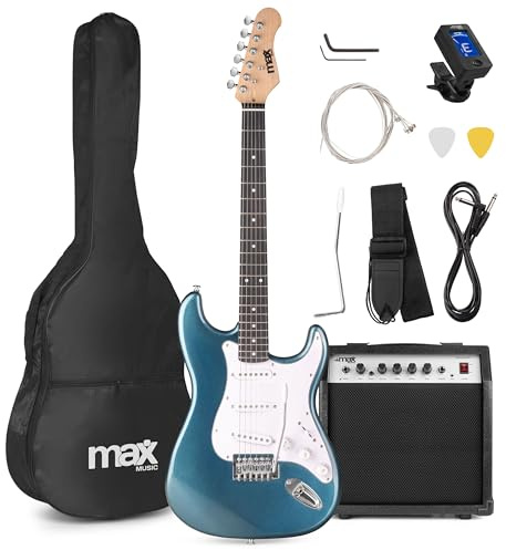 MAX GigKit Beginner Electric Guitar Starter Package in Blue - Perfect Starter Guitar Set with Amp, Accessories & Cool Blue Finish for Musical Instruments & Beginner Guitarists
