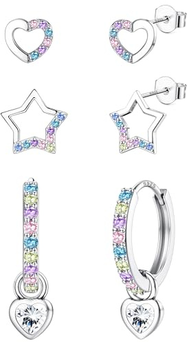 ORAZIO 3 Paires Argent Boucle Fille Oreille Cœur Étoile Argent Créole Helice Perforation