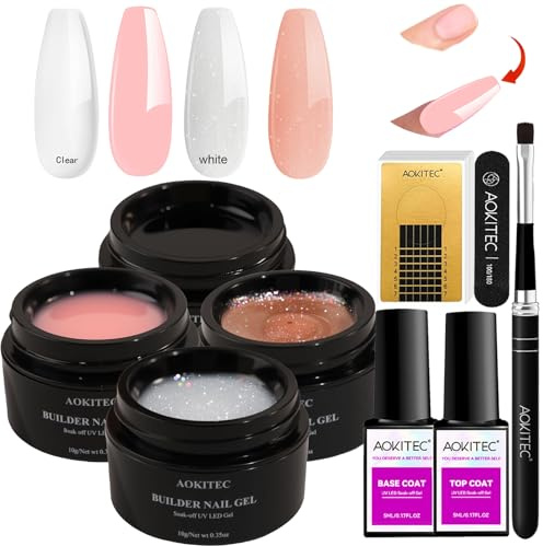 Aokitec Builder Hard Gel Kit: Klares, Rosa, Glitzerndes, Weißes Gel für Nägel mit 100 Nagelformen, Pinsel und Base/Top Coat für Verlängerungen und Modelliermuster, UV-Soak-Off zur Nagelreparatur