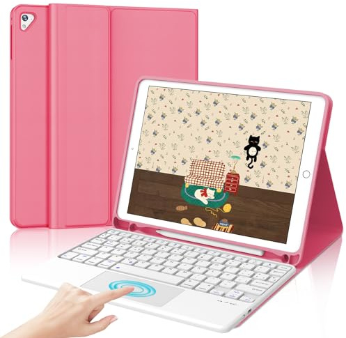 Funda Teclado para iPad 6/5 Generacion 9.7/Air 2/Air 1/Pro 9.7 Pulgadas | Capa Keyboard Touchpad QWERTY Español Ñ, Bluetooth Magnético Desmontable Trackpad Teclado con Portalápices, Rosa fucsia