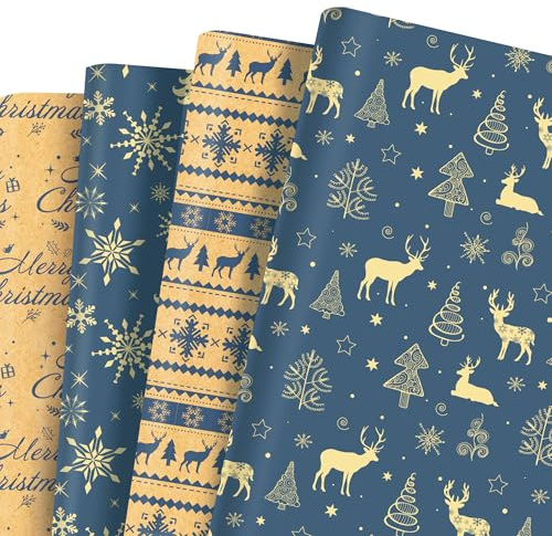 12 Geschenkpapier Weihnachten Blau Weihnachtspapier 4 Arten Wendbares Doppelseitig Bedrucktes für Weihnachten Hochzeit Geburtstag Neujahr Geschenkpapier Christmas Wrapping Paper,50 x 68 cm
