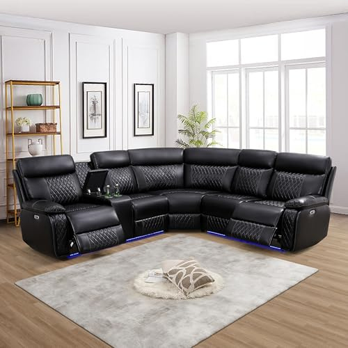 SIENWIEY Power Recliner Sectional Couch for Living Room,Leather Reclining Sectional Sofa with LED Lights, L Shpaed Corner Leather Couch with Storage Console&Cup Holders&USB Charging,Black