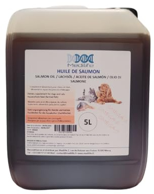 Medilife Aceite de Salmón Natural, 5L, Suplemento con Omega 3-6-9 y Vitaminas para Perros, Gatos y Caballos