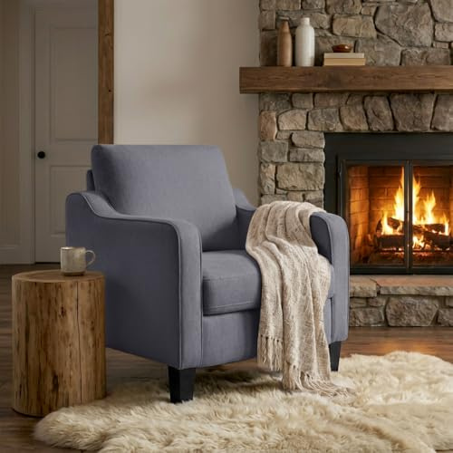 XH.Easy Go Armchair for Living Room,Mid Century Modern Accent Chair with Thick Cushion,Upholstered Linen Fabric Single Sofa Chair for Small Spaces,Comfy Arm Chair for Bedroom,Apartment,Office,DarkGrey