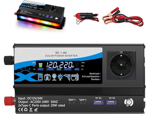 Convertisseur 12V/24V 220V 1200W, Onduleur de Voiture avec 2 Prises AC, 2X USB & 2X Type-C, Allume-Cigare et Affichage LED, pour Camping-Car Camping