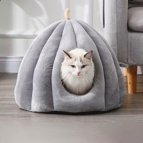 Kattbädd för inomhuskatter, söt pumpa-stil kattgrotta sänghus katttält med avtagbar kudde, mjuk fluffig fuskpäls kattkudde hundbädd för små, medelstora hundar och katter