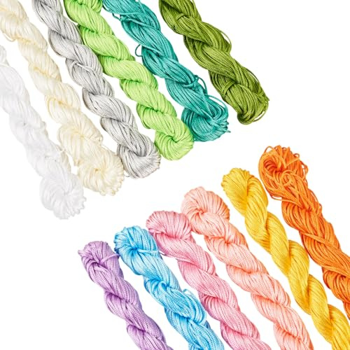 Beadthoven 12 Bündel, 2 mm Nylonfaden, 12 Farben, chinesische Knotenschnur, Seidenbesatz, Satinschnur für geflochtene Halsketten, Armbänder, Makramee, Schmuckherstellung, 12 m Bündel