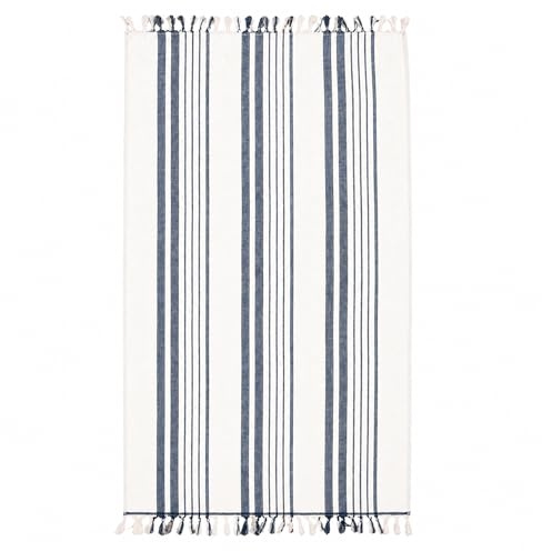 MUHMA Toalla Playa Grande 180x100 cm Blanca y Azul Marino – Toalla de Algodón de Doble Cara Tipo Tapiz y Rizo, Suave, Absorbente, con Flecos Decorativos y Secado Rápido