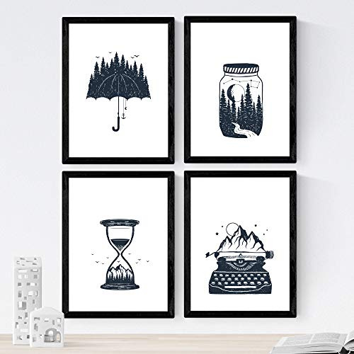Nacnic Set of 4 prints of Elements. Beautiful nature designs in nordic style. Wall decoration for your home, office or shop. A4, frameless.