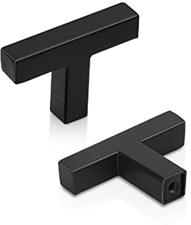 PinLin 20 Pack Kitchen Door Knobs Single Hole Flat Black Cabinet T Knobs Stainless Steel Square Cupboard Knobs (Screws Included)