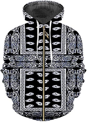 Acoiseny Herren 3D Print Schwarz Bandana Hoodies Paisley Sweatshirt Männlich Langarm Reißverschluss Hoody Cashew Blumendruck Jacken Bandana Paisley 3XL