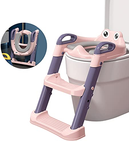 Balakaka Toilettensitz Kinder mit Treppe, 2 in 1 Toilettenleiter für Kinder Spritz und Rutschfestes Trittbrett, Faltbar Töpfchentrainer für 1-7 jährige Kids für Kinder Toiletten Training, Rosa