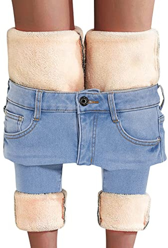Skirt BL Women's Fleece Lined Jeans Thermal Flannel Lined Jeans Winter Warm Thicken Skinny Stretch Denim Pants (Blue, US 6)
