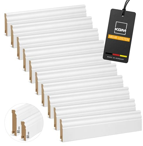 Förpackning KGM Hamburger Sockellist ECO Altberliner Profil – klassisk rundad listprofil – Vitfolierad MDF Golvlist Kortlängd – Mått: 2200 x 19 x 80 mm – 20 st | folierad, reptålig, golvlist kort längd, väggfinish, lösningsmedelsfri, kabelkanal, för vinyl, laminat och parkett